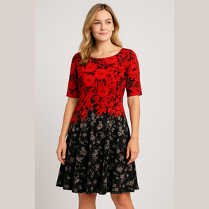 Gabby Skye Black Red Floral Dressy Fun Party Career Fit & Flare Dress 8